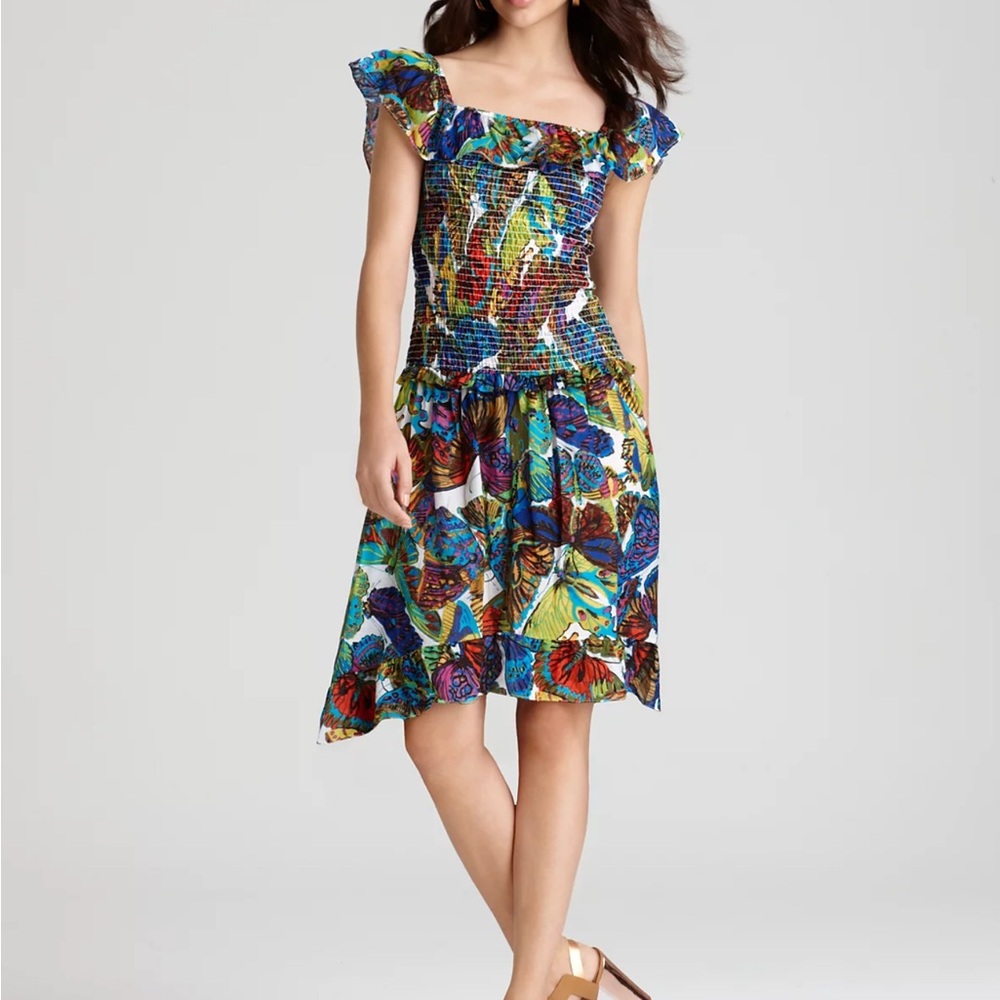 Nanette Lepore Blue Green Ruffled Tie Front Midi Dress